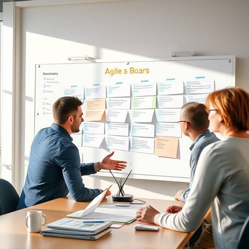 Ein agiles Team, das gemeinsam an einem Scrum-Board arbeitet und Aufgaben plant.