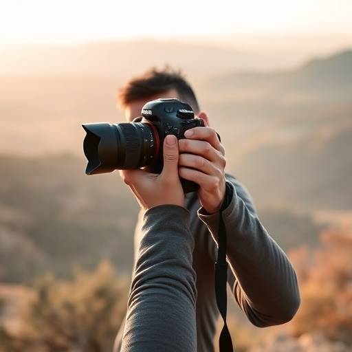 Eine Person, die mit einer professionellen Kamera ein Landschaftsfoto macht.